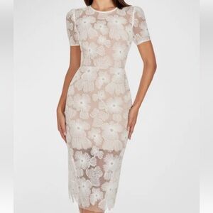 🦄 Dress the Population Sz S Beaded Floral Appliqué Bridal Midi SAMPLE